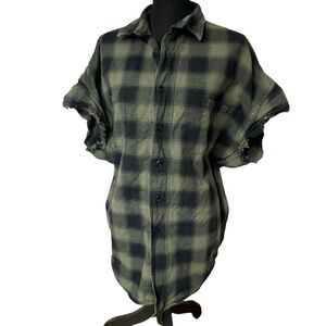 Zara Green and Black Plaid Cutoff Moto Shirt N0521